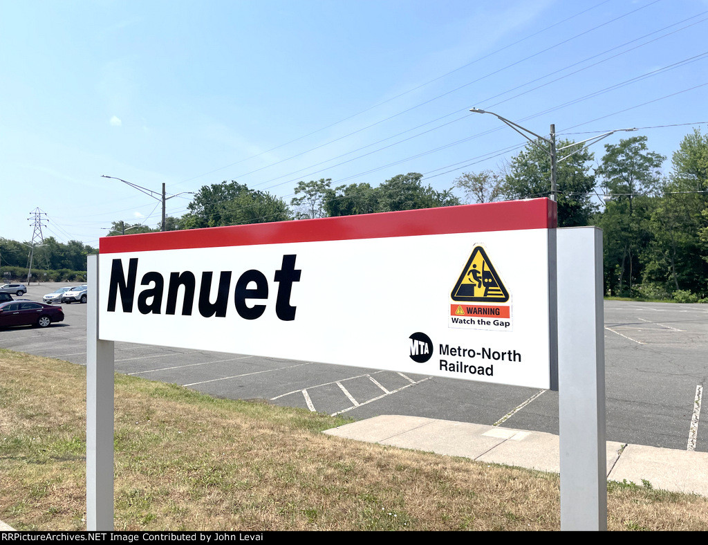 The Nanuet Station sign-note that the top bar is red when it should really be blue. The "red" color represents the New Haven Line